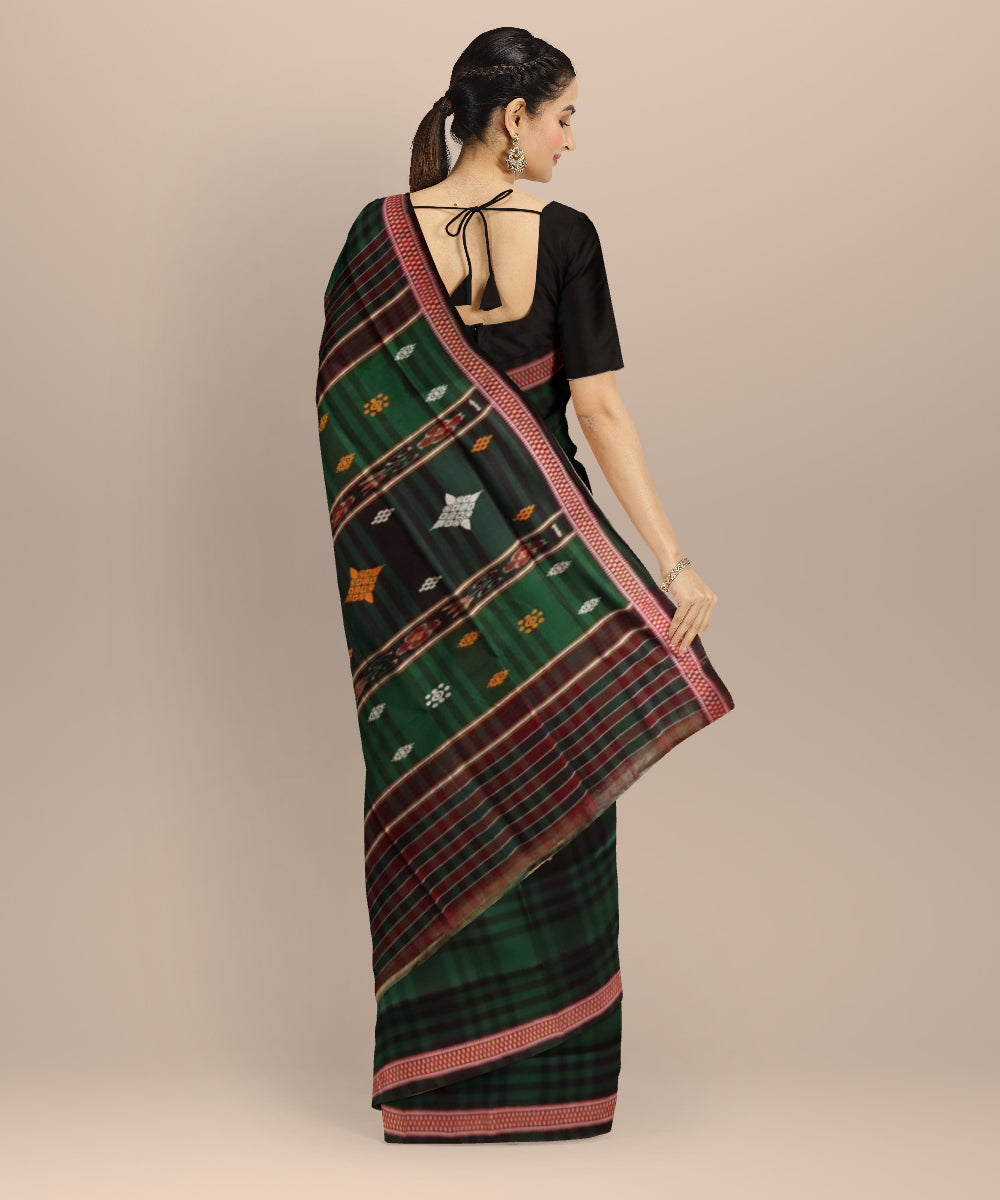 Dark green maroon &amp; white cotton handloom odisha ikat saree