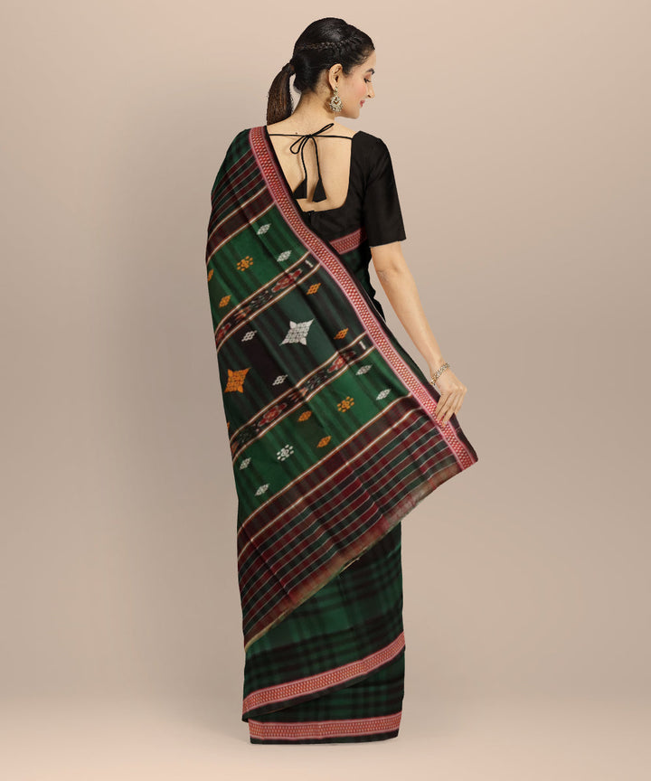 Dark green maroon &amp; white cotton handloom odisha ikat saree
