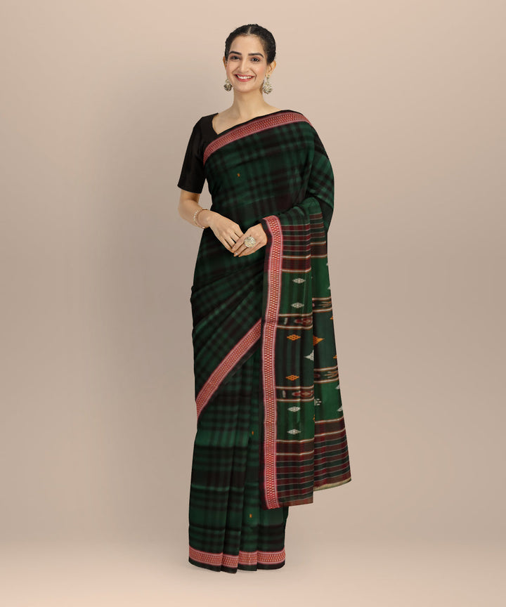 Dark green maroon &amp; white cotton handloom odisha ikat saree