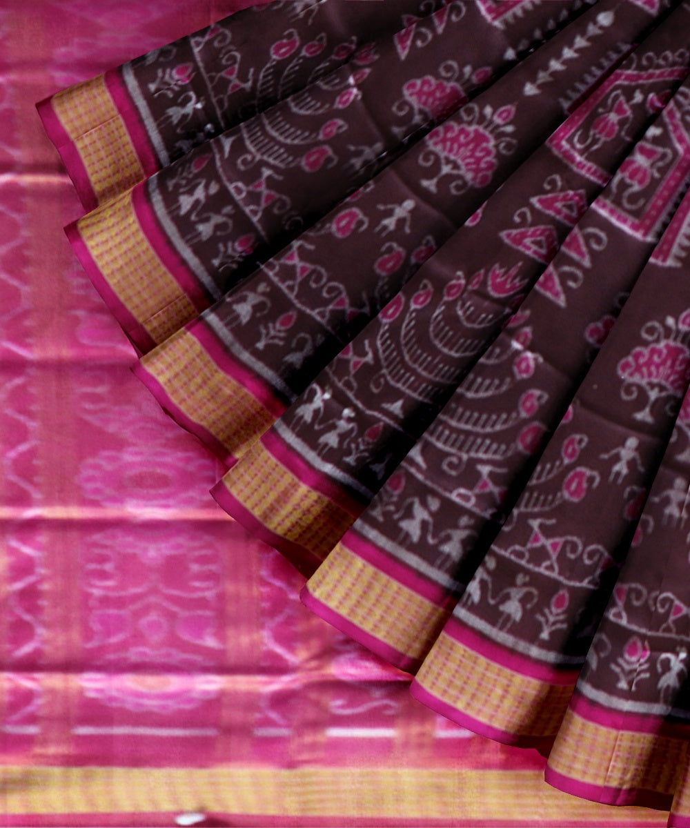 Brown pink fuschia silk handloom sambalpuri saree