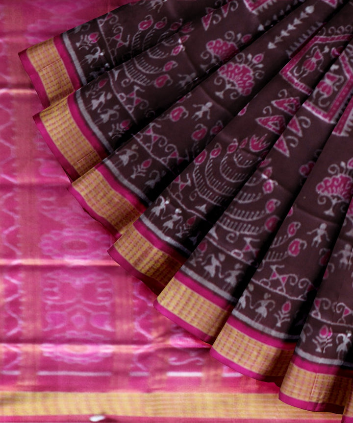 Brown pink fuschia silk handloom sambalpuri saree