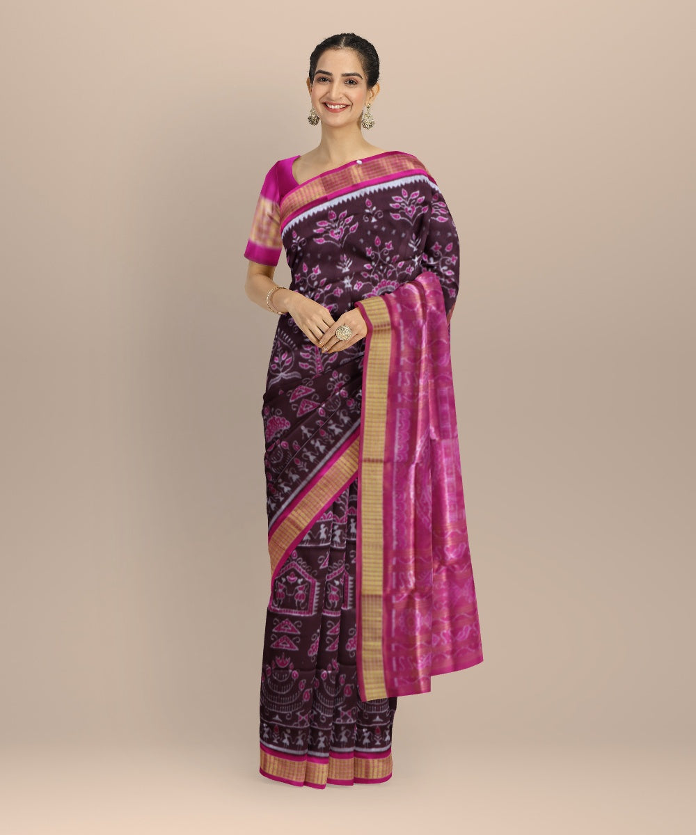 Brown pink fuschia silk handloom sambalpuri saree