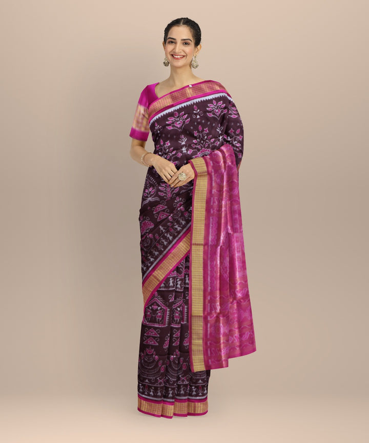 Brown pink fuschia silk handloom sambalpuri saree