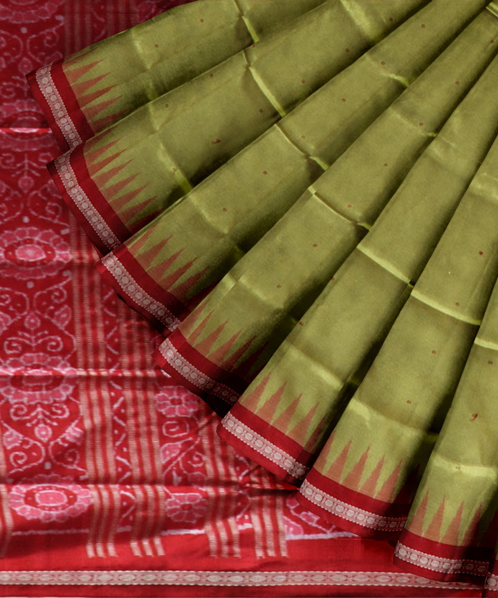 Lime green dark red silk handloom bomkai saree