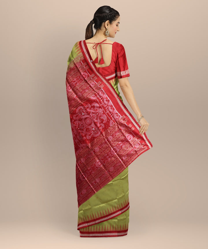Lime green dark red silk handloom bomkai saree