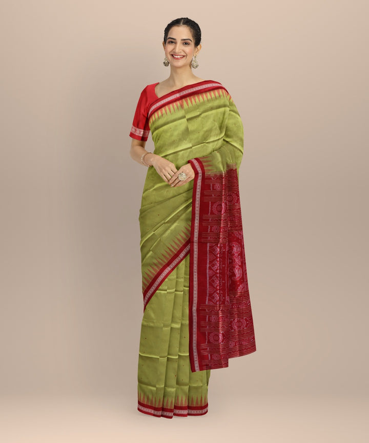 Lime green dark red silk handloom bomkai saree