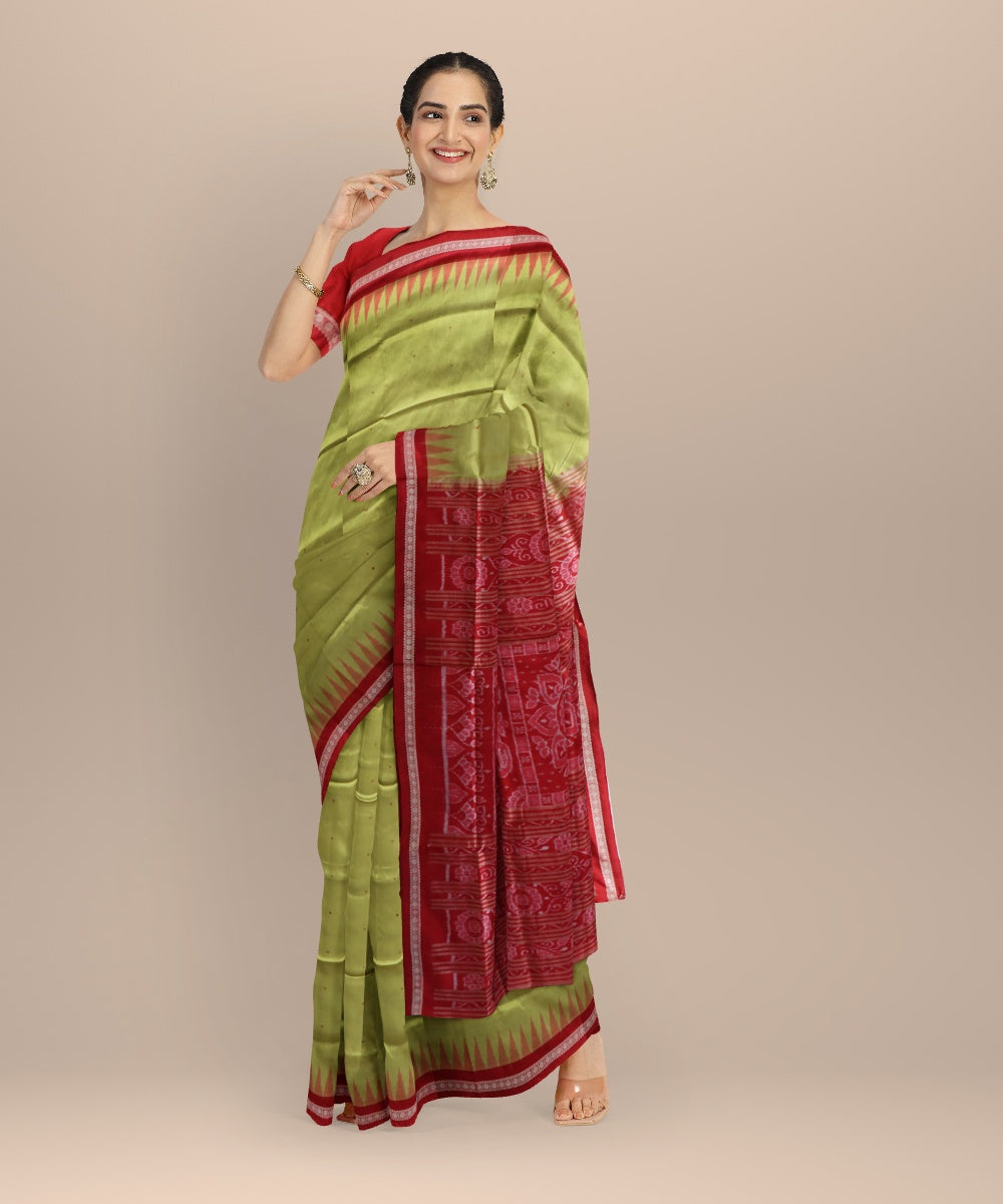 Lime green dark red silk handloom bomkai saree