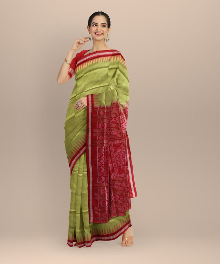 Lime green dark red silk handloom bomkai saree