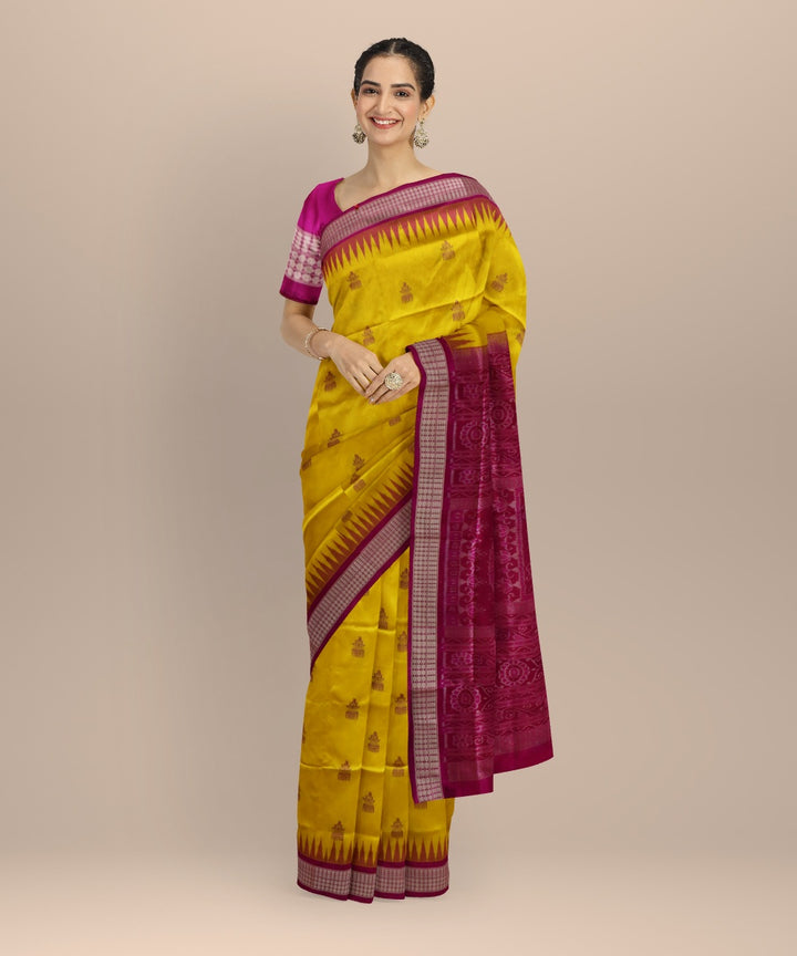 Yellow pink fuschia silk handloom bomkai saree
