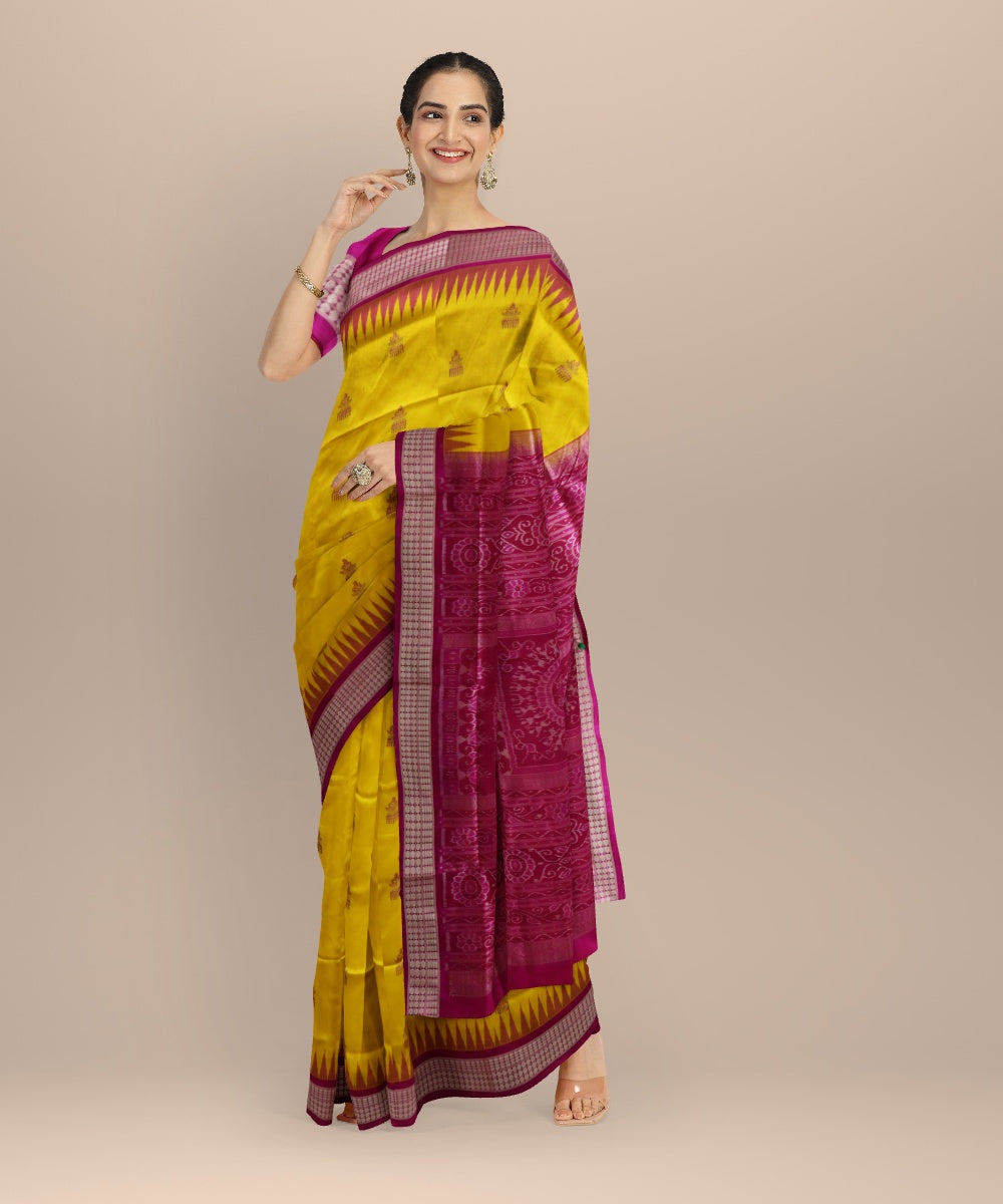 Yellow pink fuschia silk handloom bomkai saree