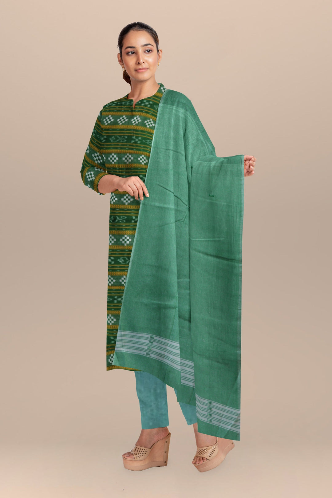Dark green emeraled handloom cotton nuapatna dress material