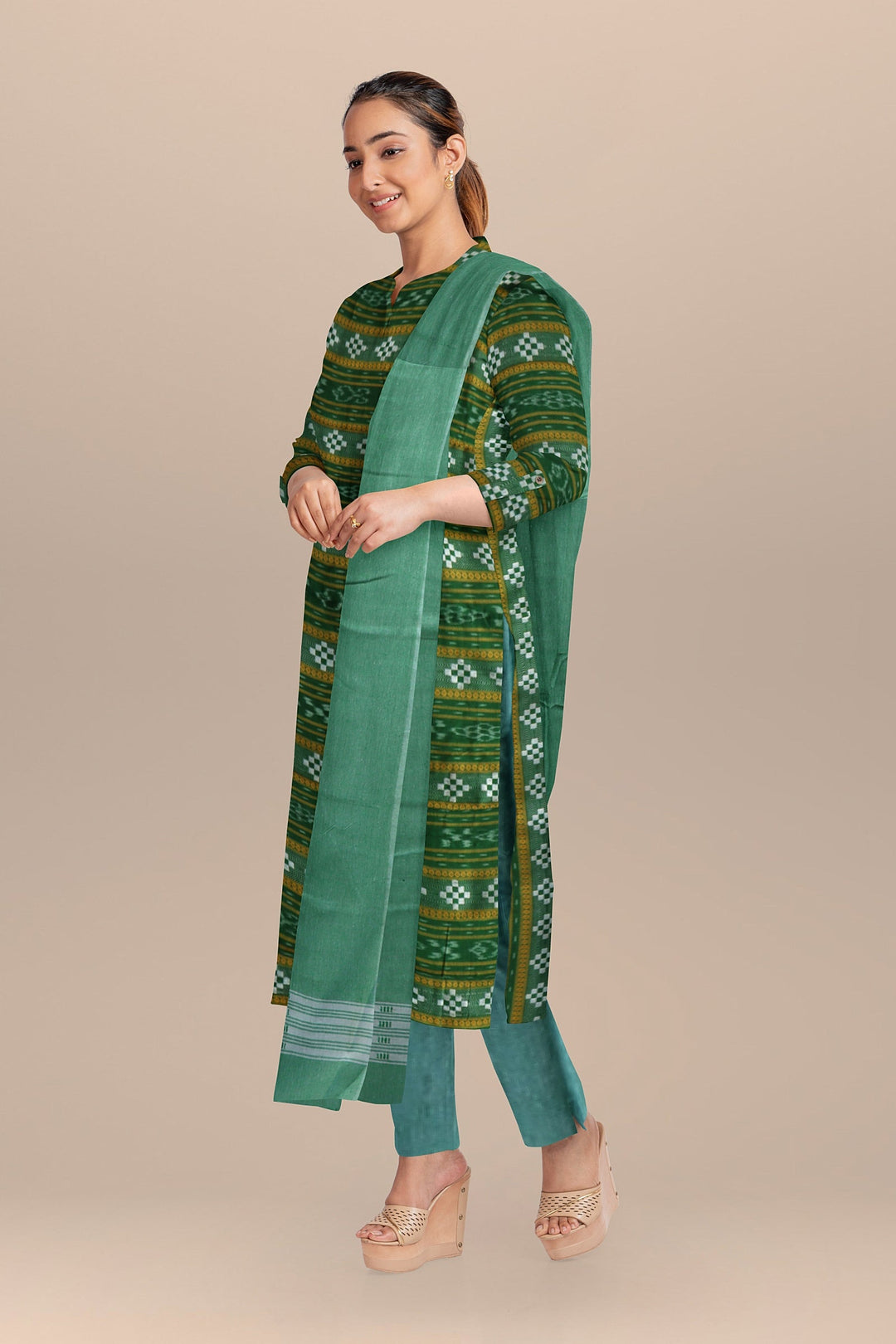 Dark green emeraled handloom cotton nuapatna dress material