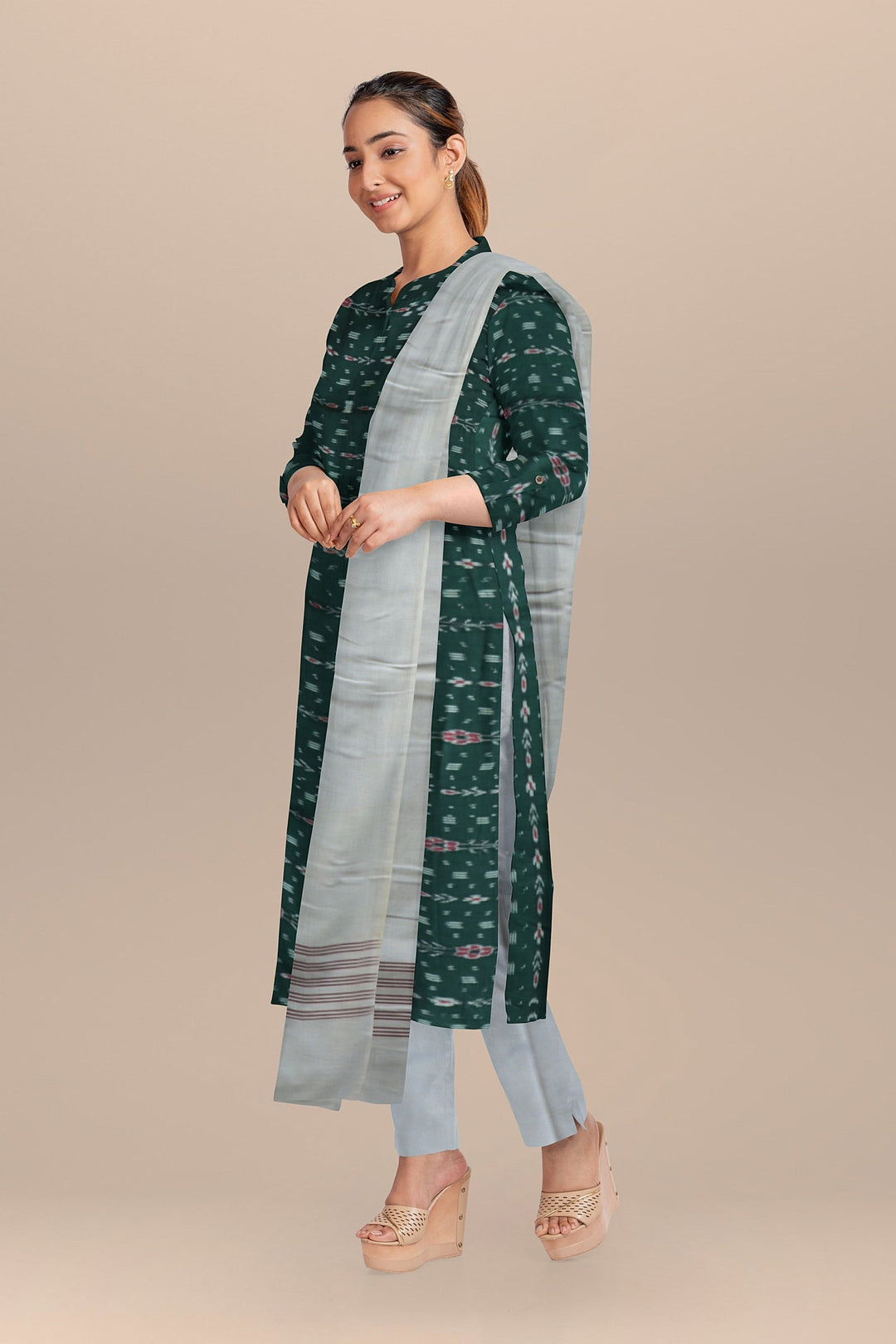 Dark green white handloom cotton nuapatna dress material