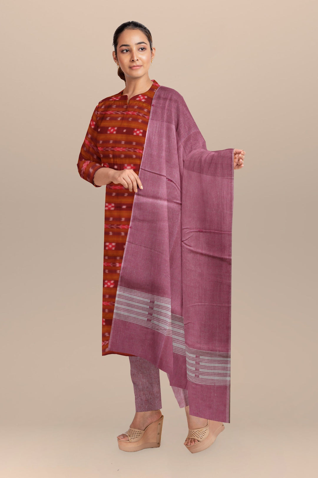 Maroon baby pink handloom cotton nuapatna dress material