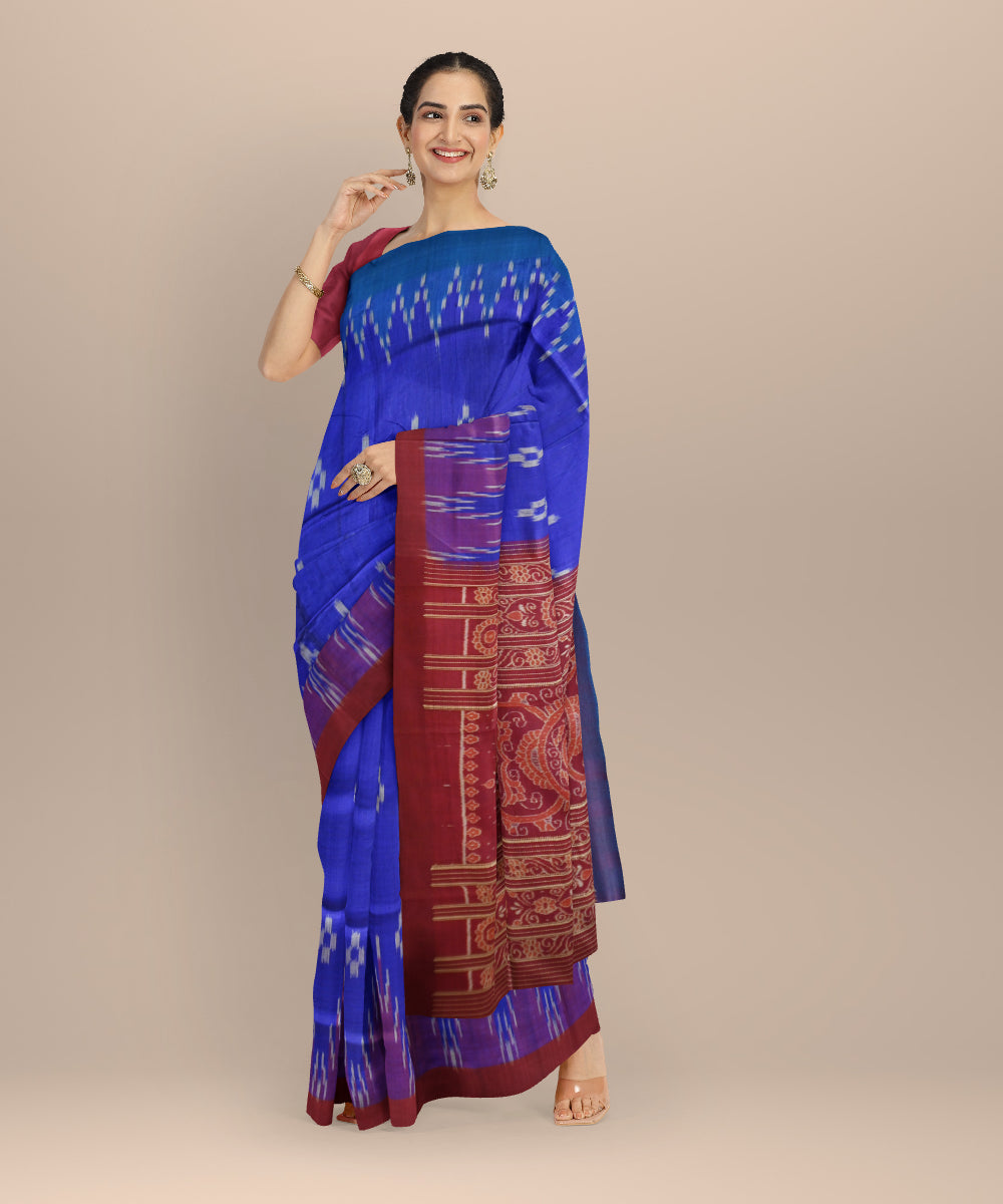 Sky blue claret  dark blue Tussar Silk handloom saree