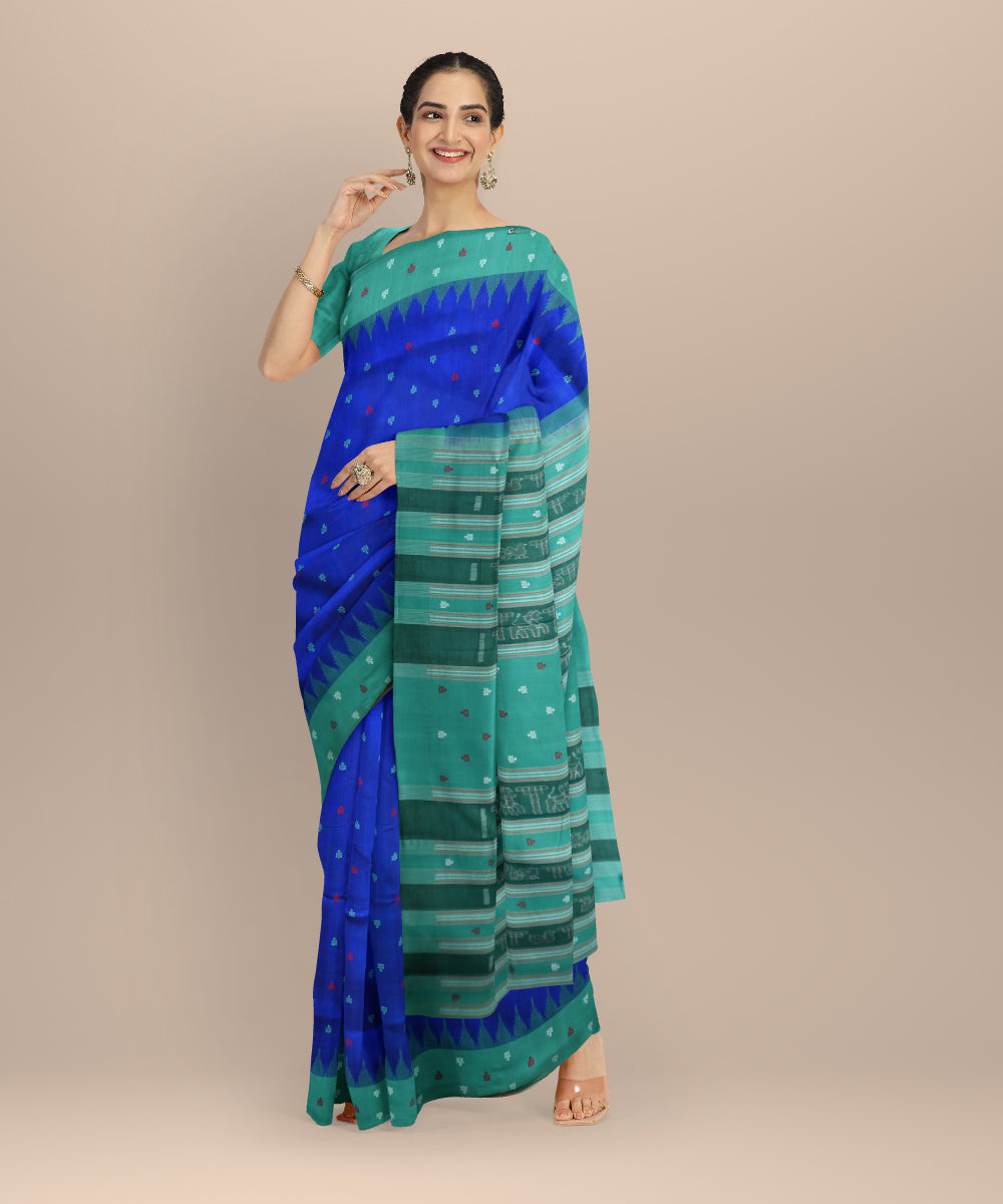 Navy blue celadon green cotton silk handloom bomkai saree