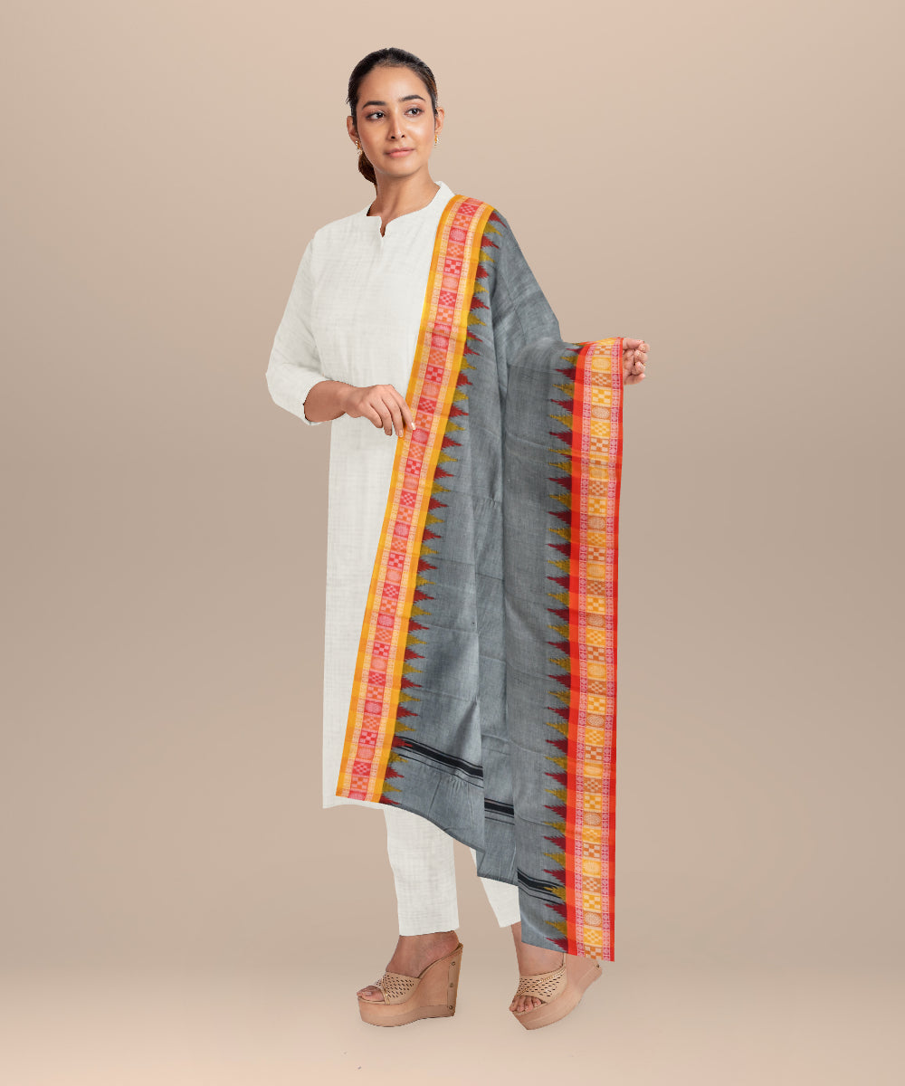Grey orange cotton handloom nuapatna dupatta