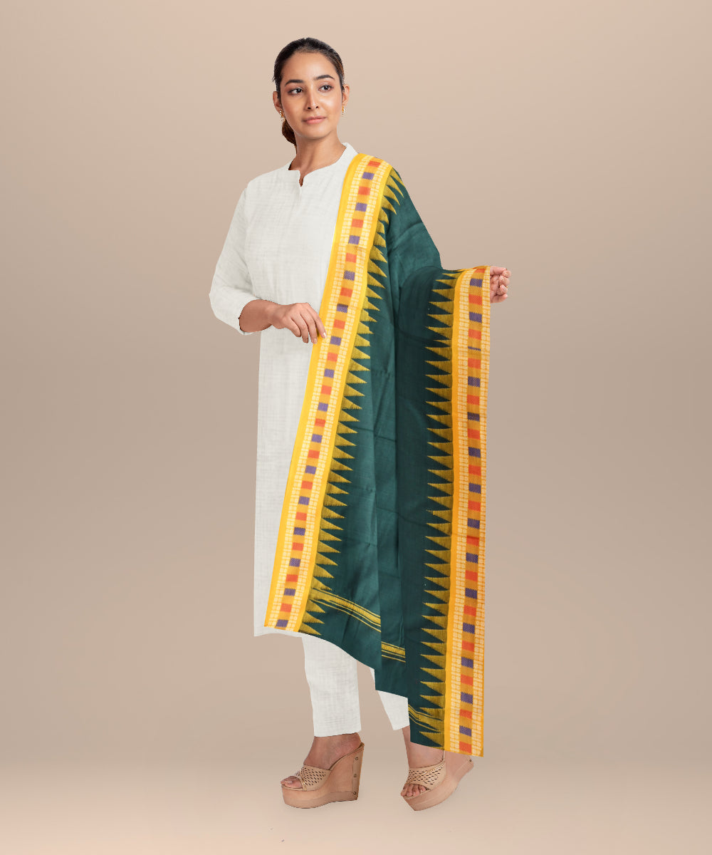 Dark green orange cotton handloom nuapatna dupatta