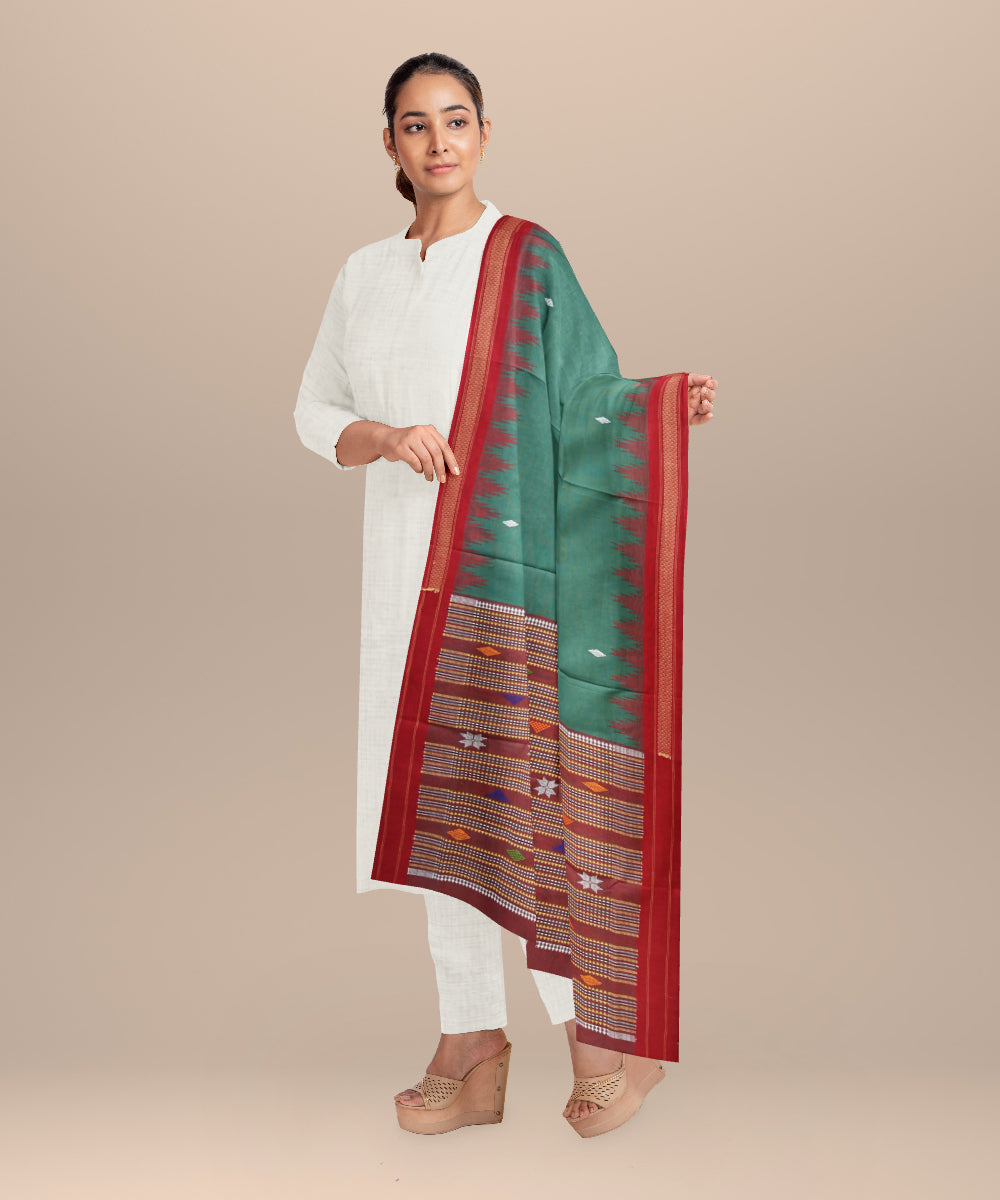 Teal green dark red cotton handloom sonepur dupatta