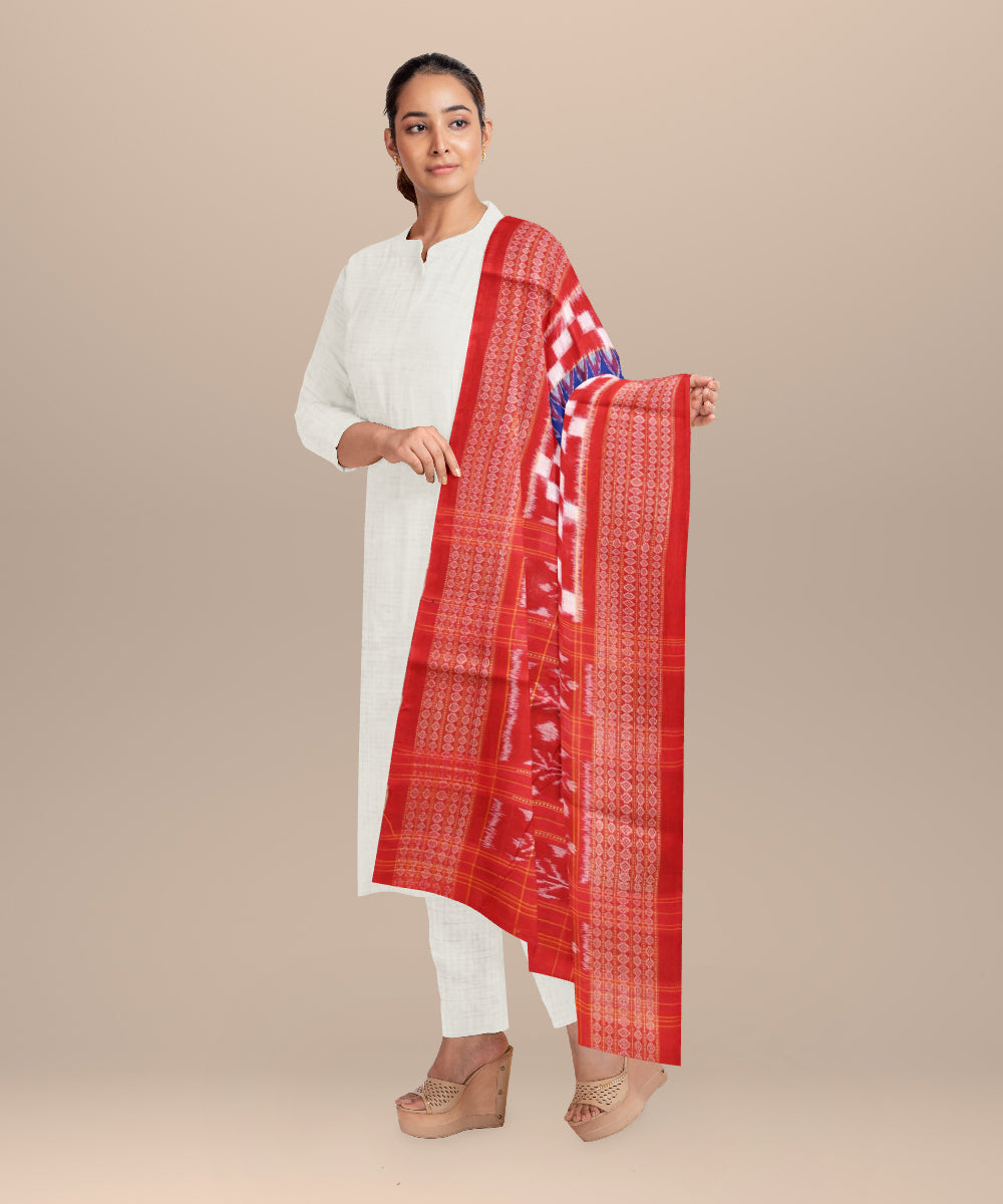 Sky blue dark red cotton handloom sambalpuri stole