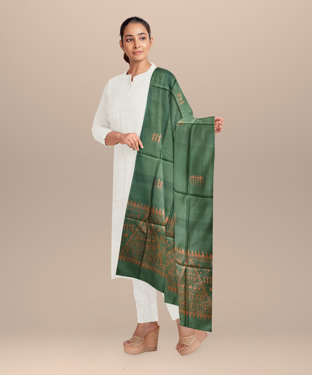 Dark green peach tussar silk handloom sambalpuri dupatta