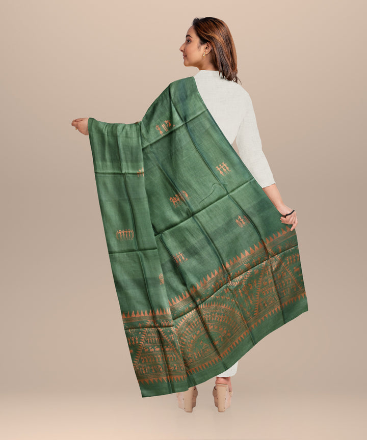 Dark green peach tussar silk handloom sambalpuri dupatta