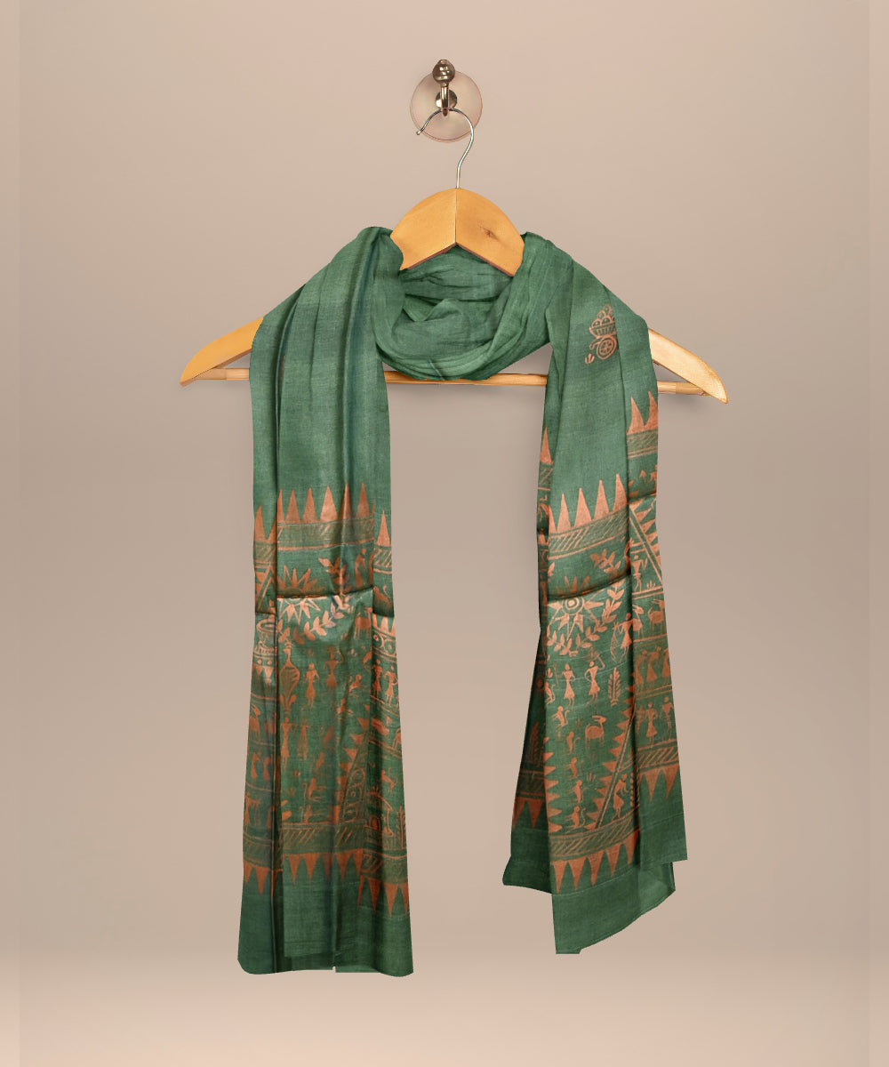 Dark green peach tussar silk handloom sambalpuri dupatta