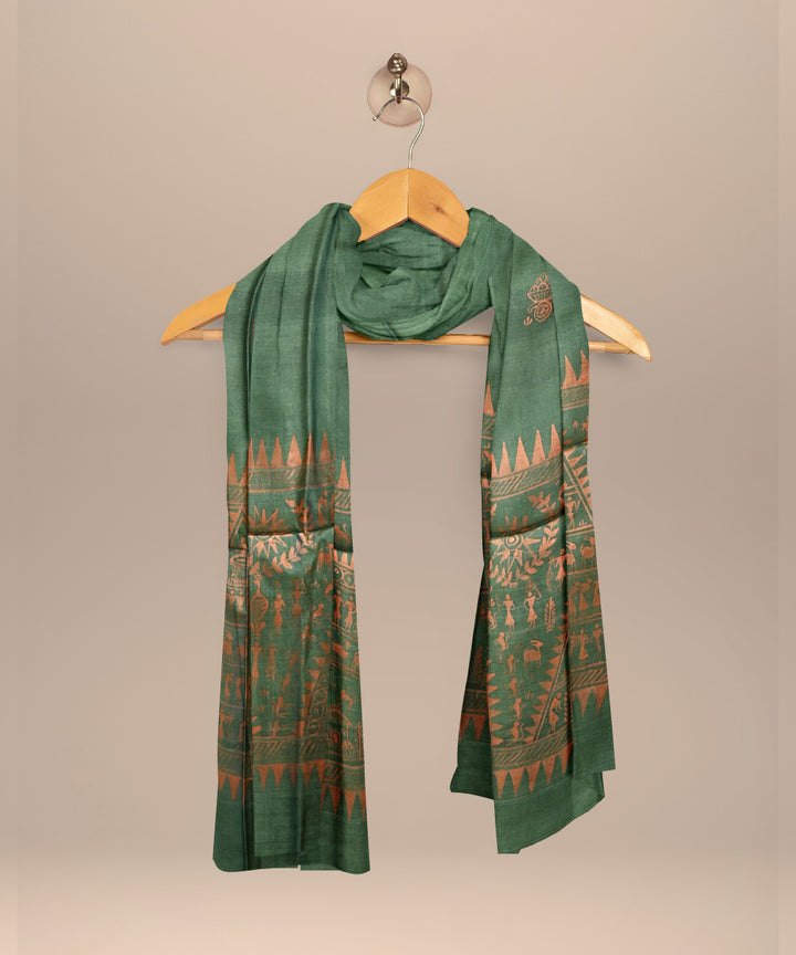 Dark green peach tussar silk handloom sambalpuri dupatta