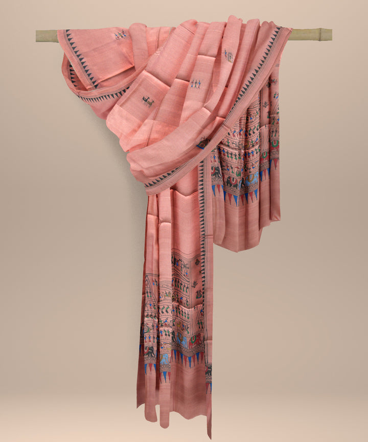 Peach multi colour tussar silk sambalpuri handloom dupatta