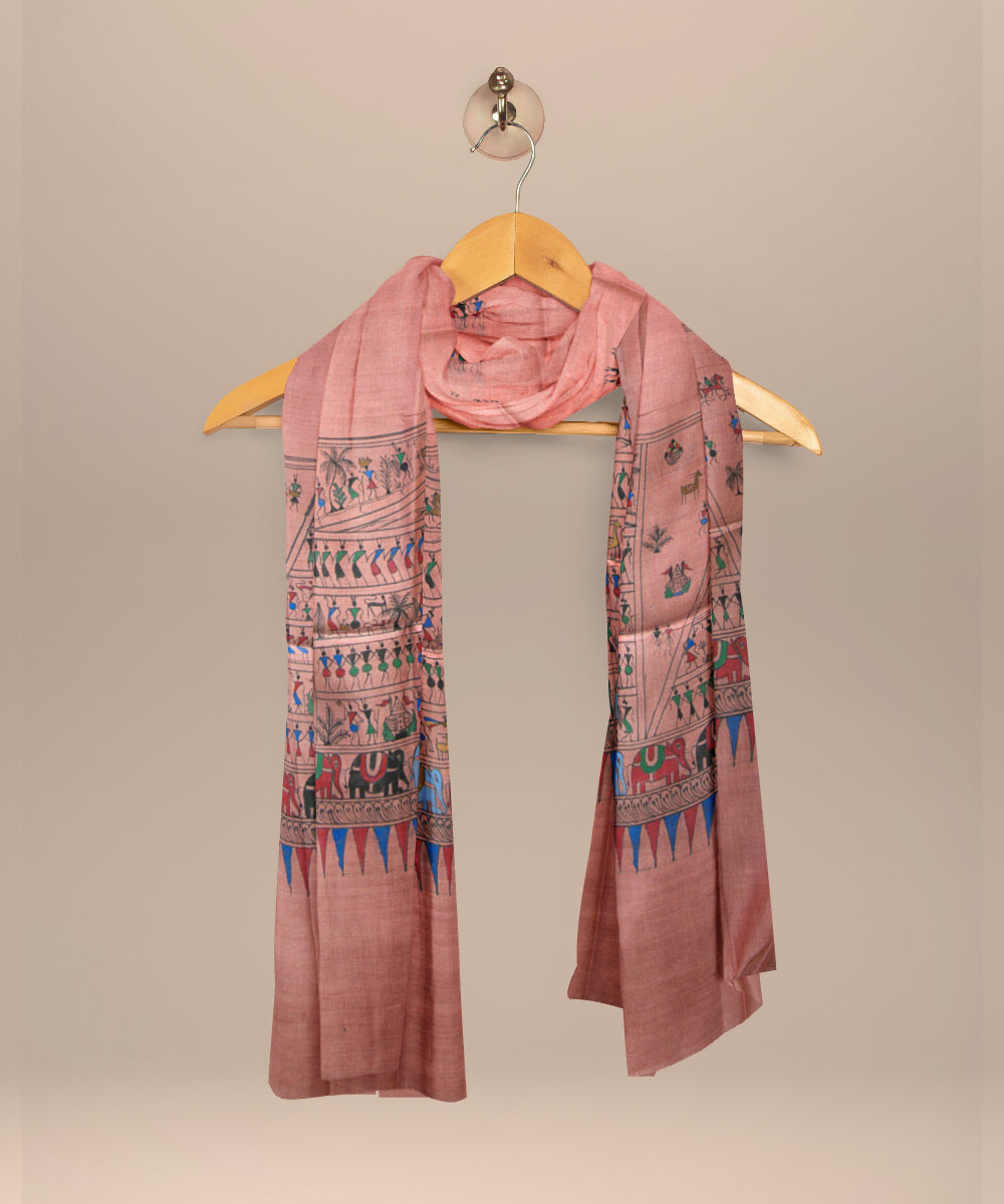 Peach multi colour tussar silk sambalpuri handloom dupatta