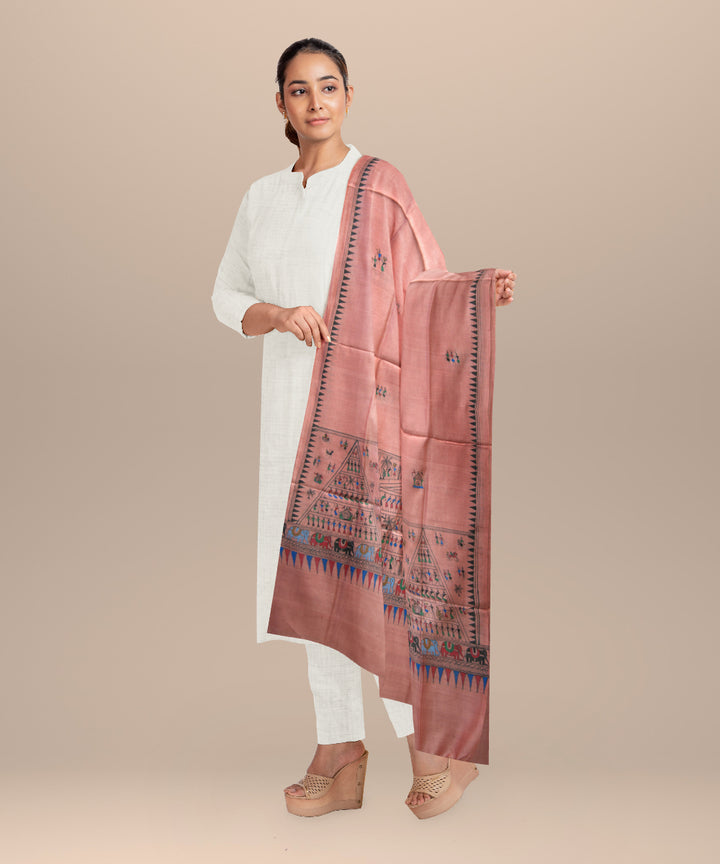 Peach multi colour tussar silk sambalpuri handloom dupatta