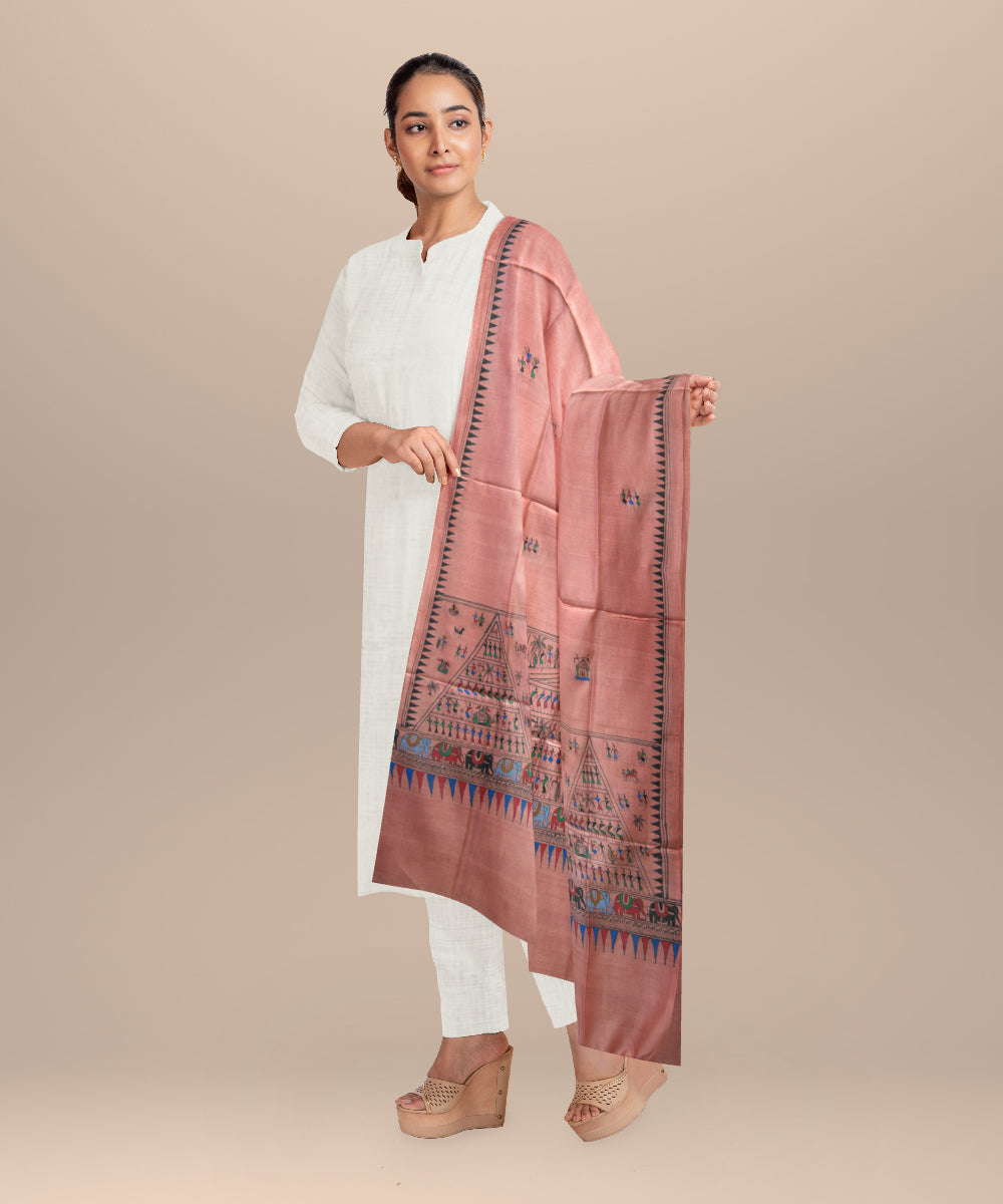 Peach multi colour tussar silk sambalpuri handloom dupatta