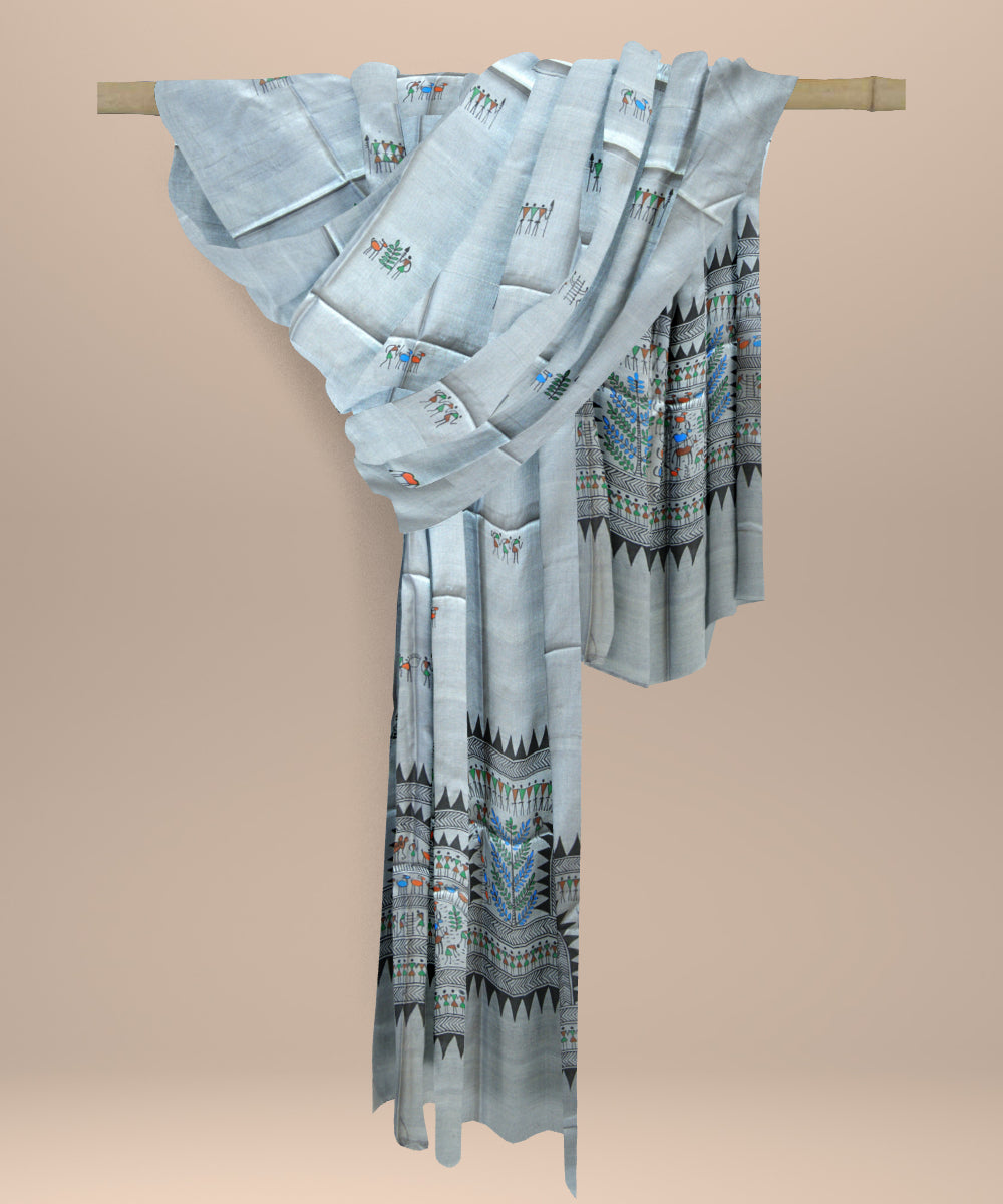 Grey multi colour tussar silk  sambalpuri dupatta