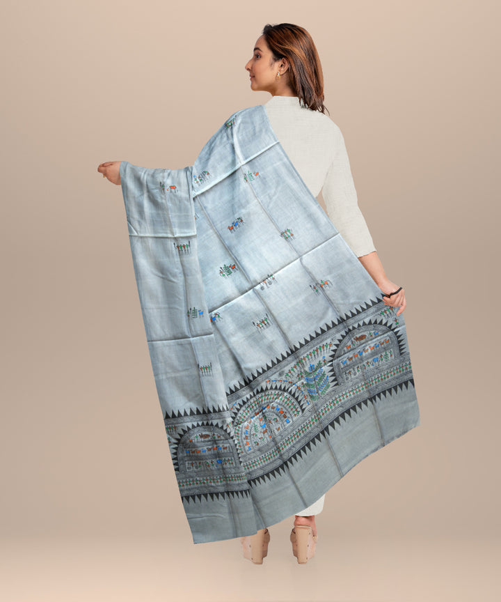 Grey multi colour tussar silk  sambalpuri dupatta