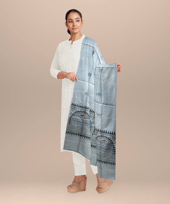 Grey multi colour tussar silk  sambalpuri dupatta