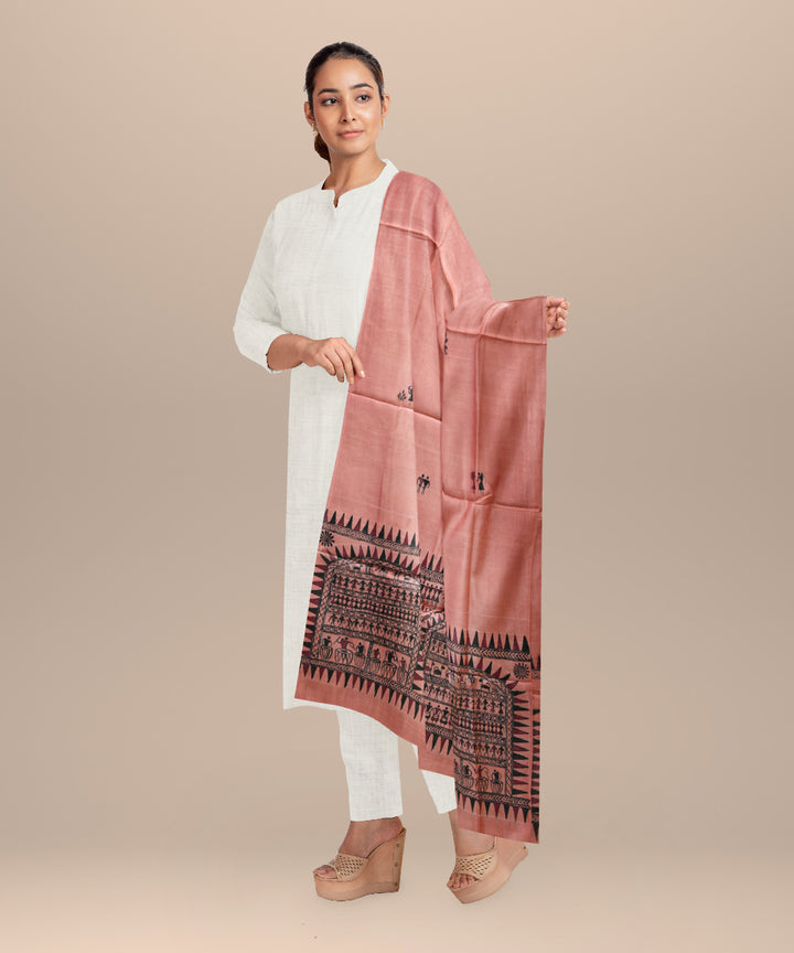 Peach multi colour tussar silk handloom sambalpuri dupatta