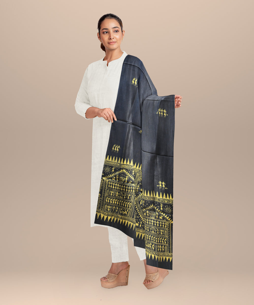 Black golden tussar silk handloom sambalpuri dupatta