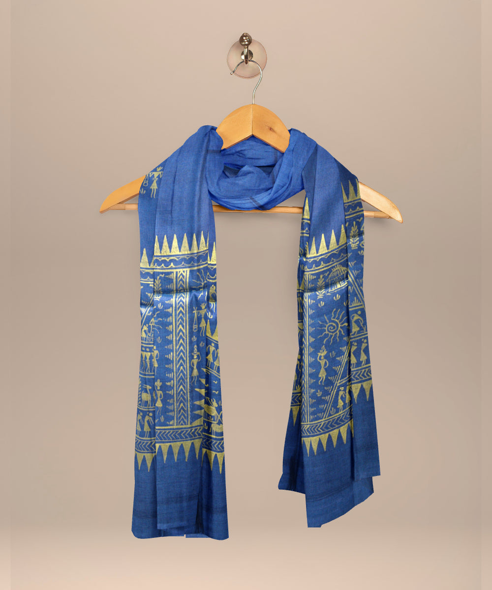 Cyan blue golden tussar silk handloom sambalpuri dupatta