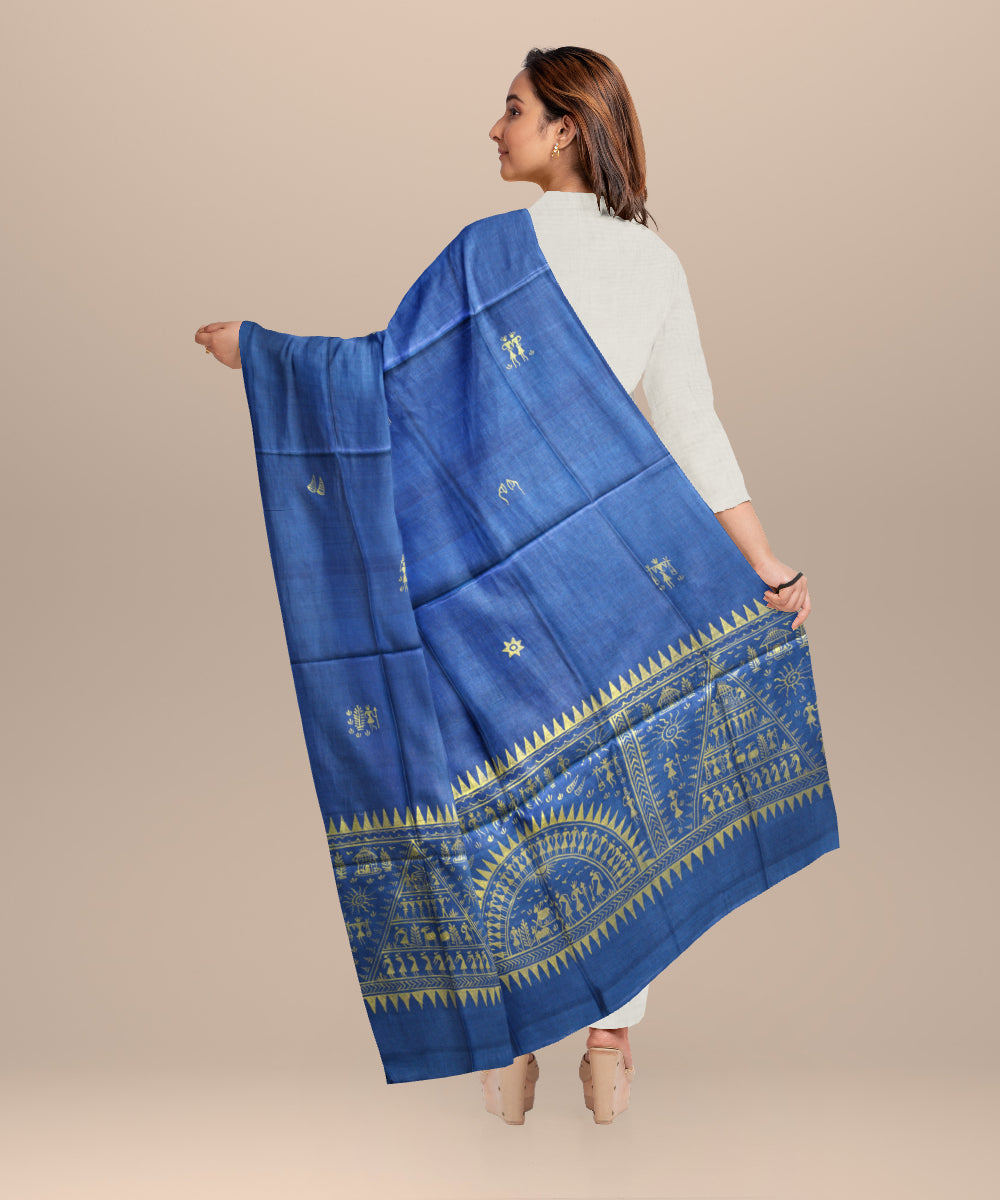 Cyan blue golden tussar silk handloom sambalpuri dupatta