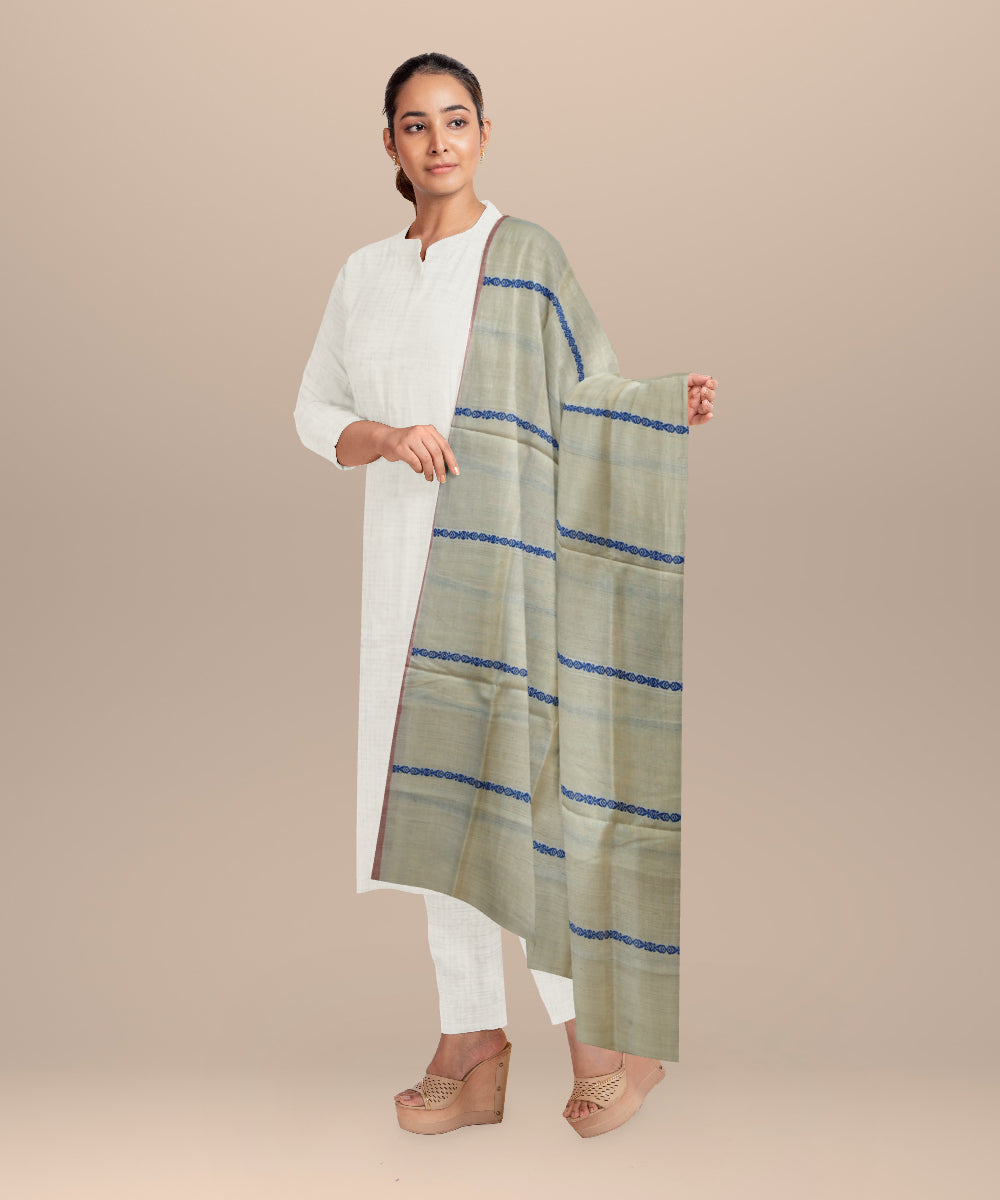 Cream blue tussar silk handloom sambalpuri dupatta