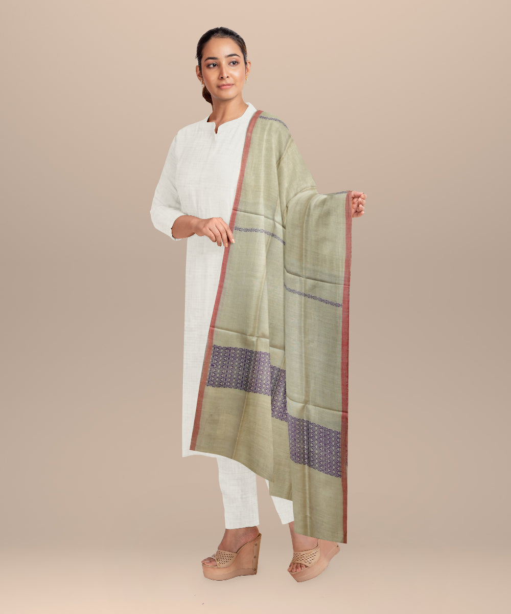 Cream purple tussar silk handloom sambalpuri dupatta