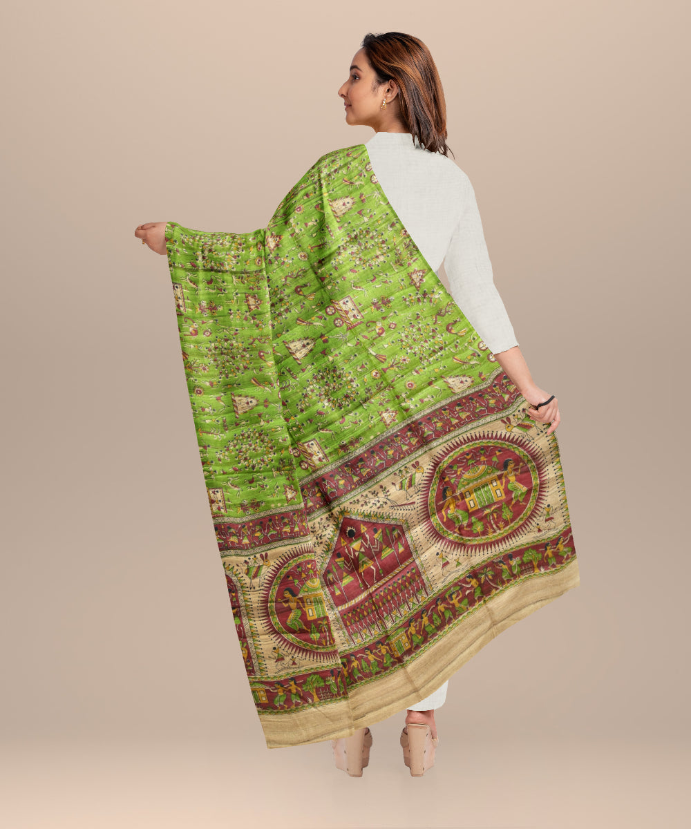 Dark green burlywood tussar silk handloom sambalpuri dupatta