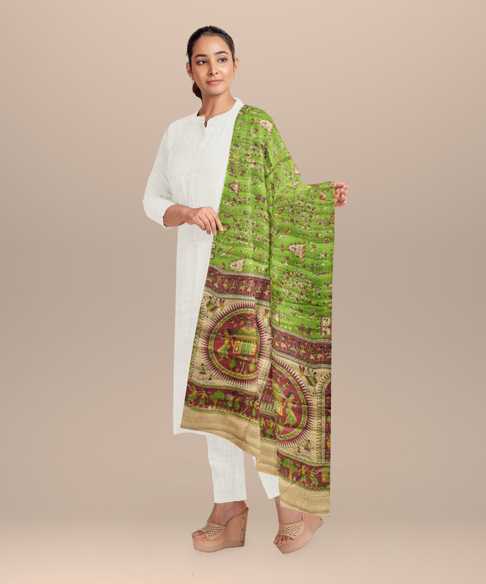 Dark green burlywood tussar silk handloom sambalpuri dupatta