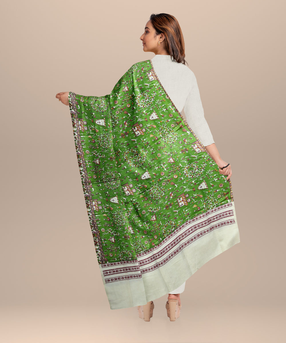 Dark green cream tussar silk handloom sambalpuri shawl