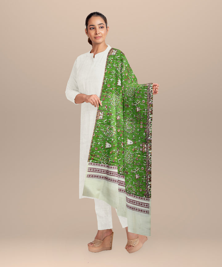 Dark green cream tussar silk handloom sambalpuri shawl