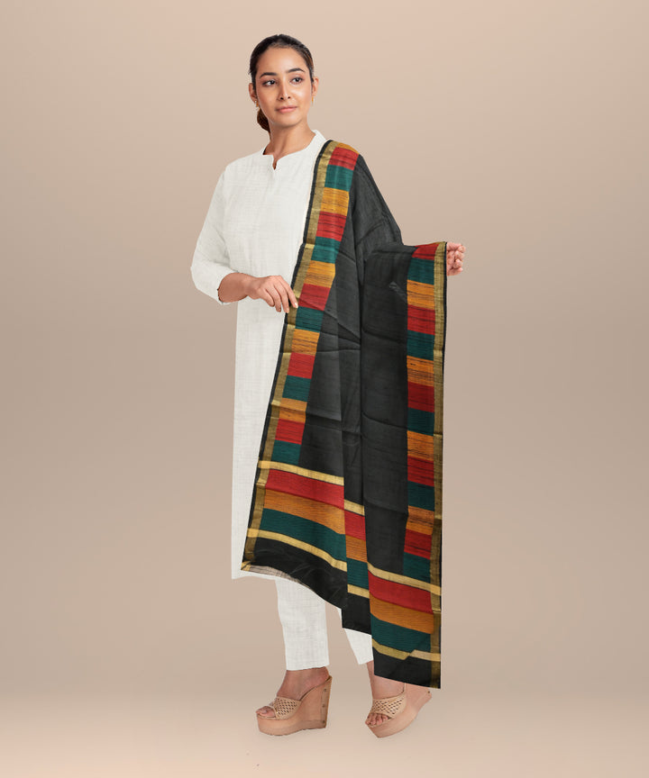 Black multi colour tussar silk handloom sambalpuri dupatta