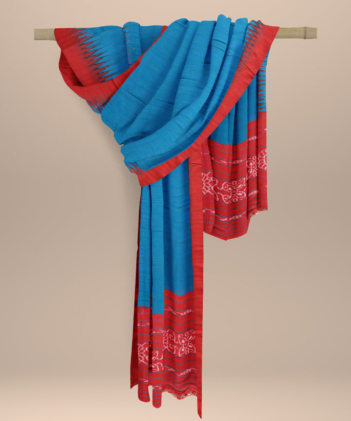 Sky blue dark red tussar silk handloom sambalpuri dupatta