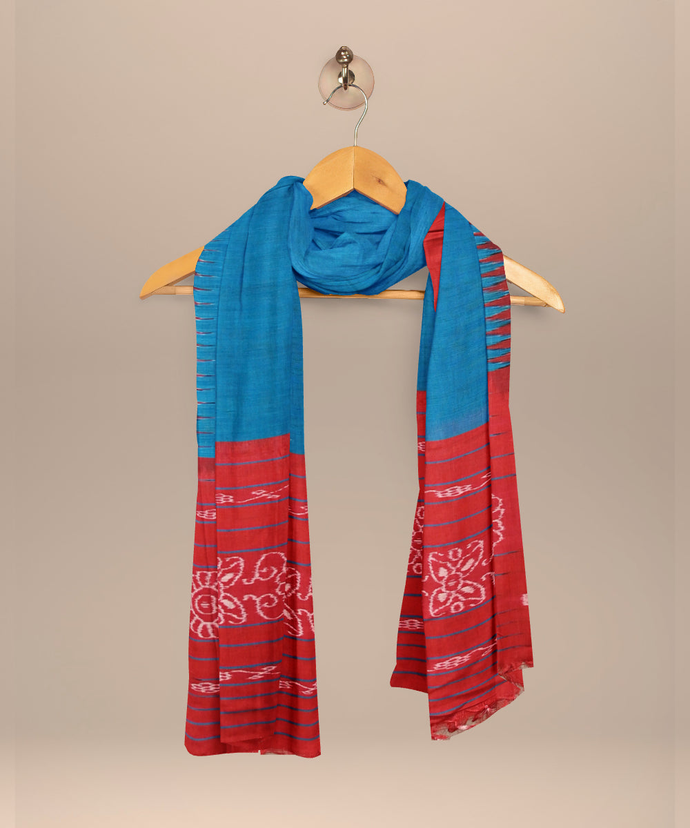 Sky blue dark red tussar silk handloom sambalpuri dupatta