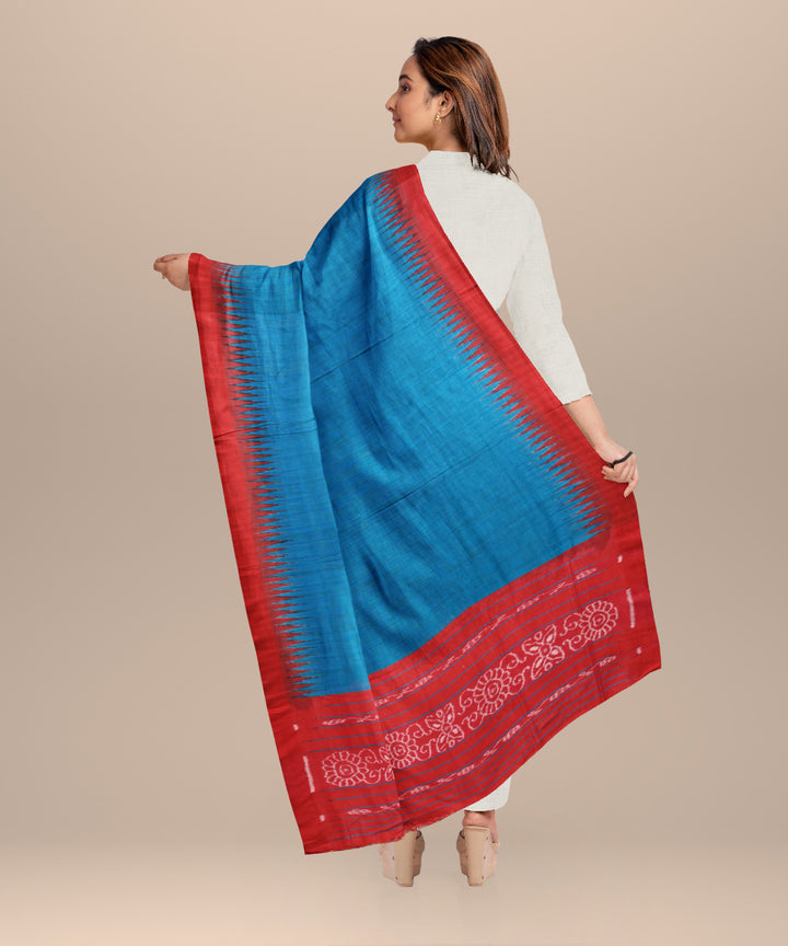 Sky blue dark red tussar silk handloom sambalpuri dupatta