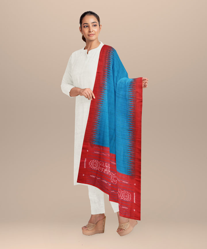 Sky blue dark red tussar silk handloom sambalpuri dupatta